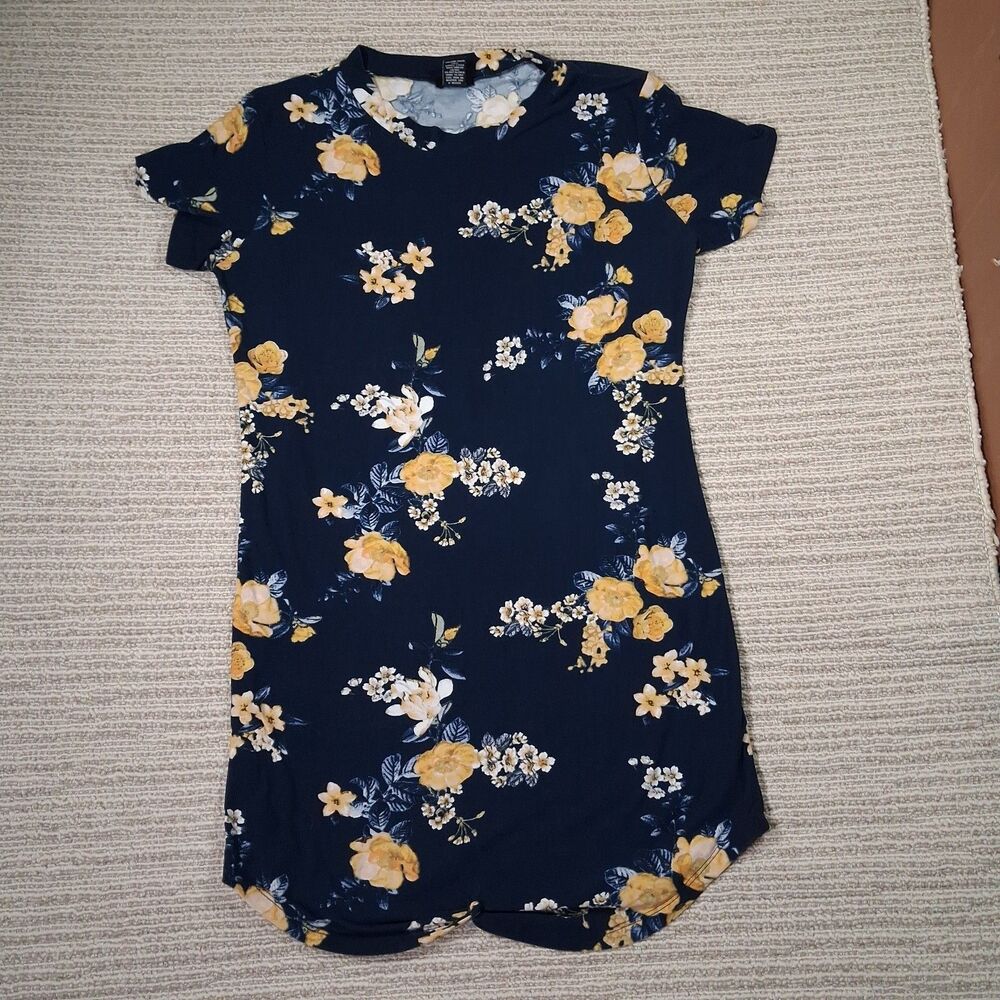 RUE21 WOMENS NAVY BLUE YELLOW FLORAL SHORT SLEEVE T SHIRT DRESS SIZE LARGE L